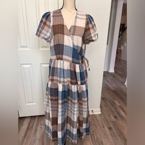 Universal Thread Midi Wrap Dress, size XL. Blue, brown, and cream plaid.